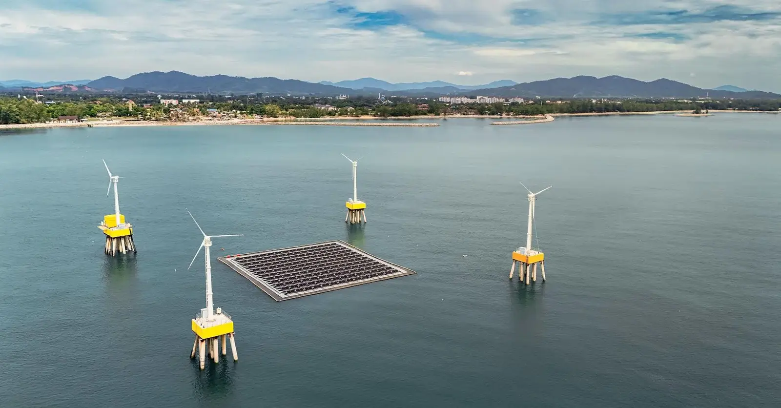 Offshore solar and wind microgrid with energy storage